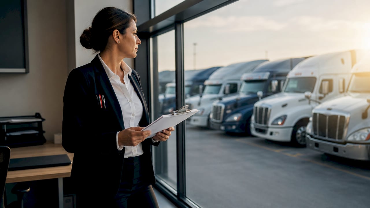 Fleet manager inspecting trucks with clipboard