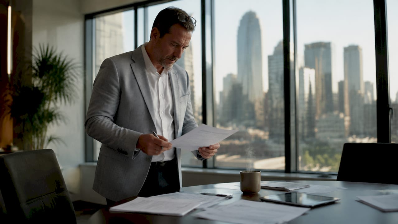 Insurance manager reviewing fleet policies at table