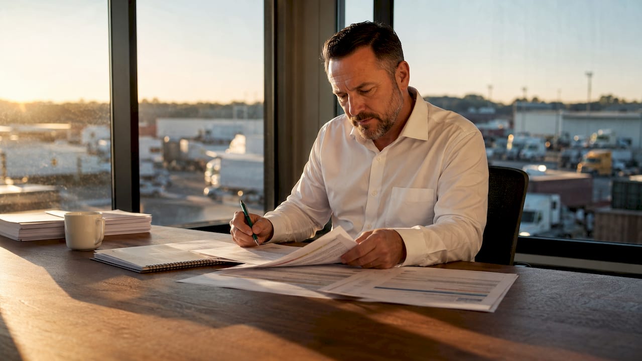Fleet manager reviewing insurance documents