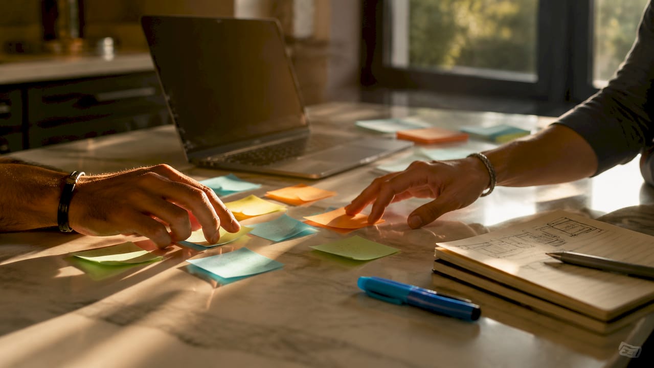 Hands organizing risk priorities on sticky notes