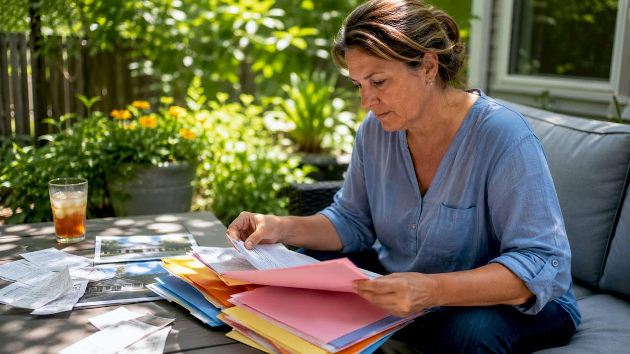Woman organizing insurance claim documents at table