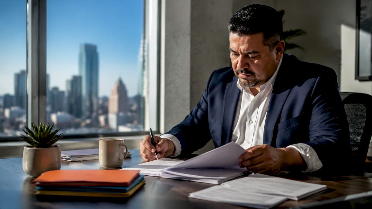 Trucking insurance underwriter reviewing documents at desk
