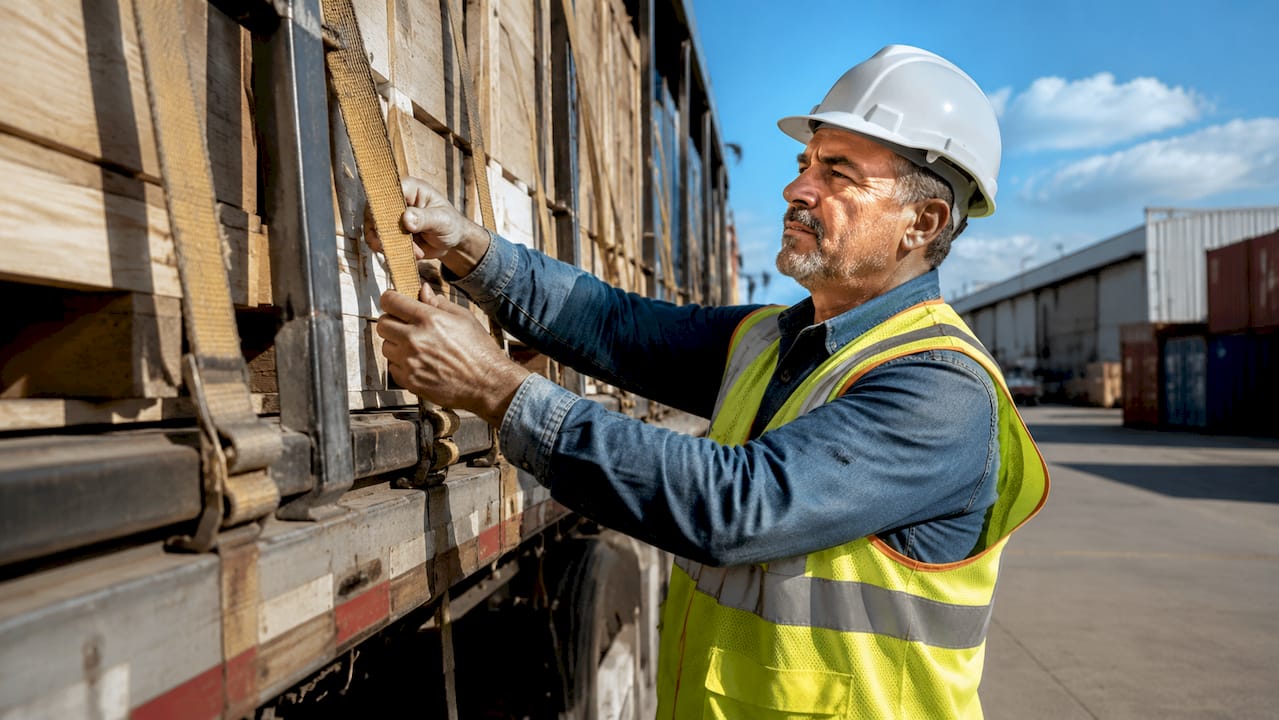 Freight supervisor checking cargo safety on truck