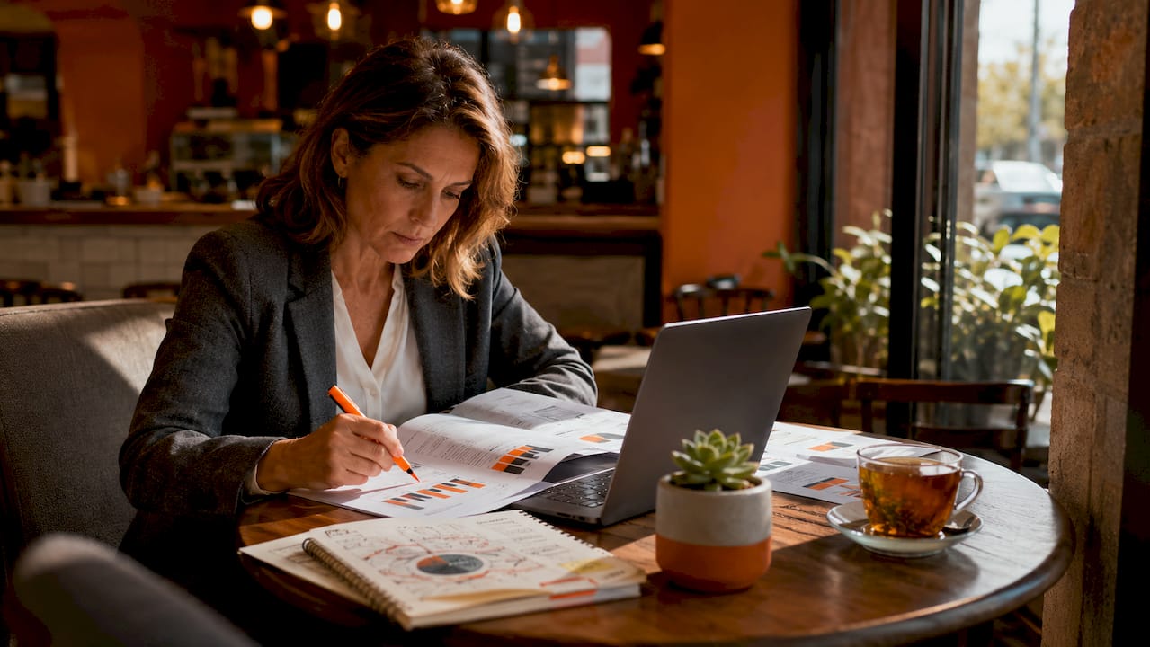 Businesswoman reviewing printed risk reports