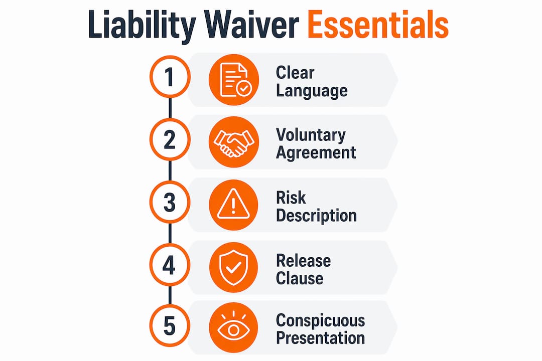 Infographic listing key elements of liability waivers vertically