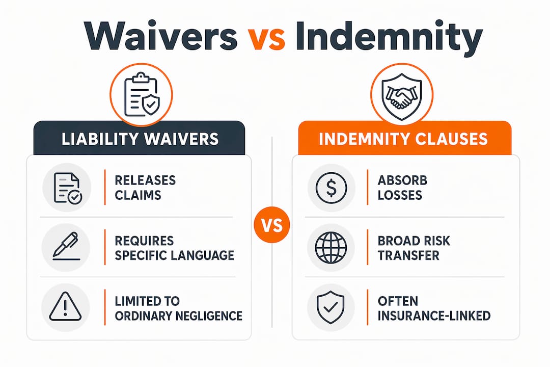 Infographic comparing liability waivers and indemnity clauses