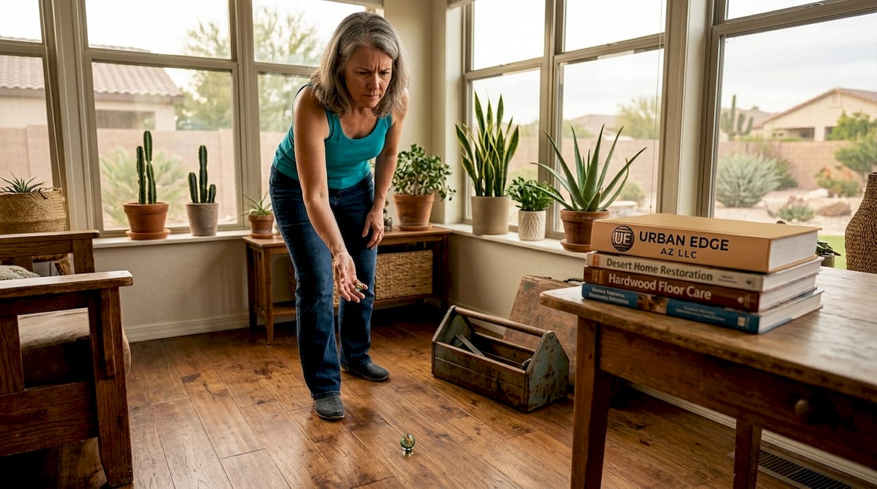 Homeowner checking uneven kitchen flooring