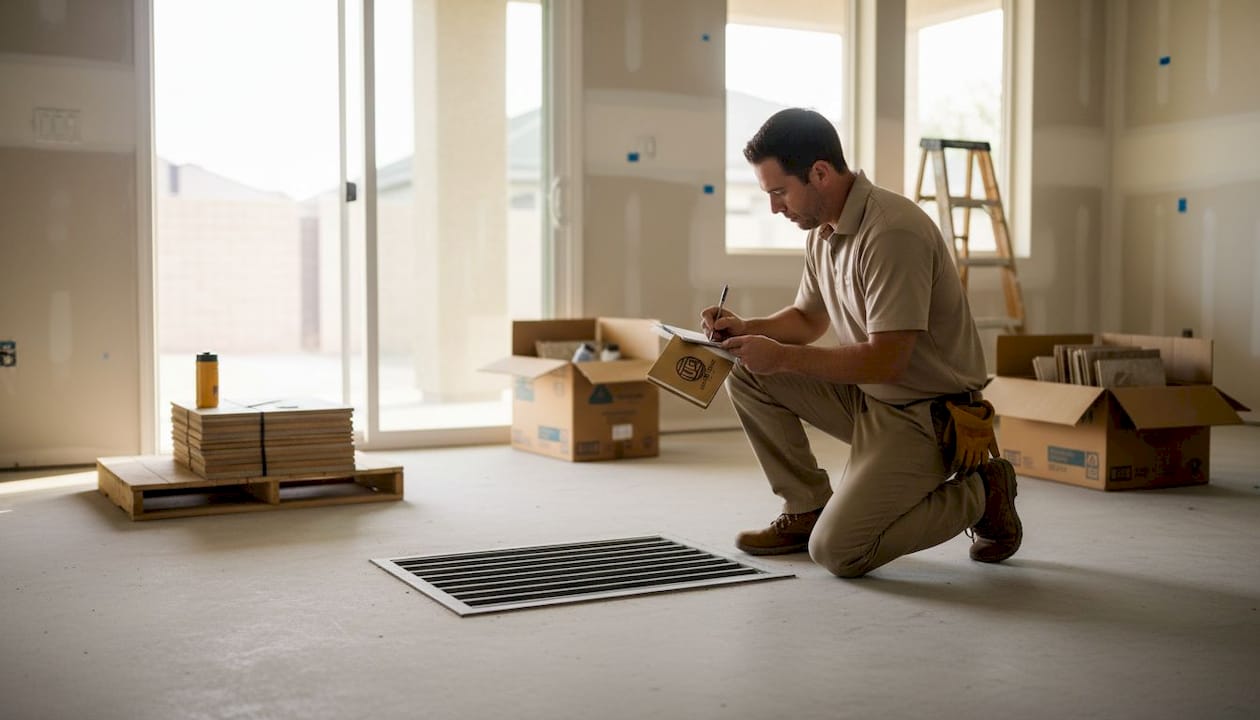 Inspector noting HVAC details in unfinished living room