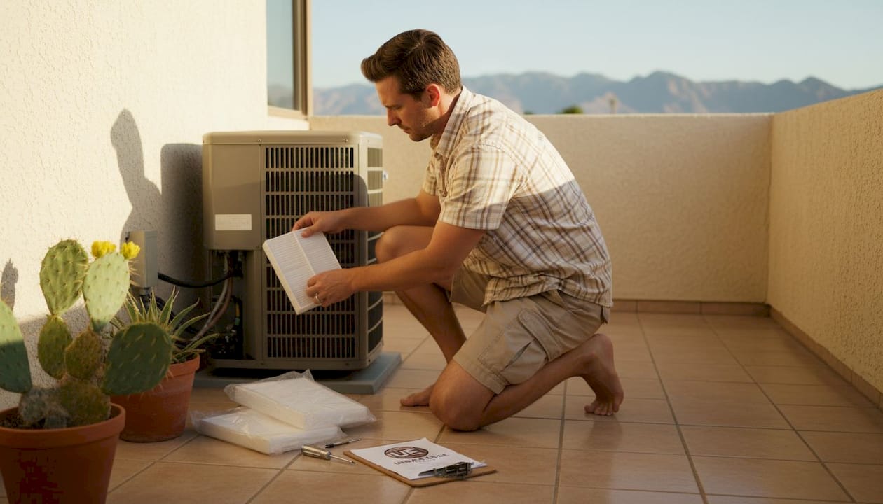 Homeowner changing AC filter outdoors