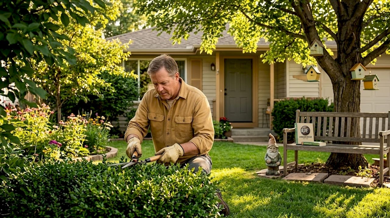 Homeowner trimming hedge for curb appeal