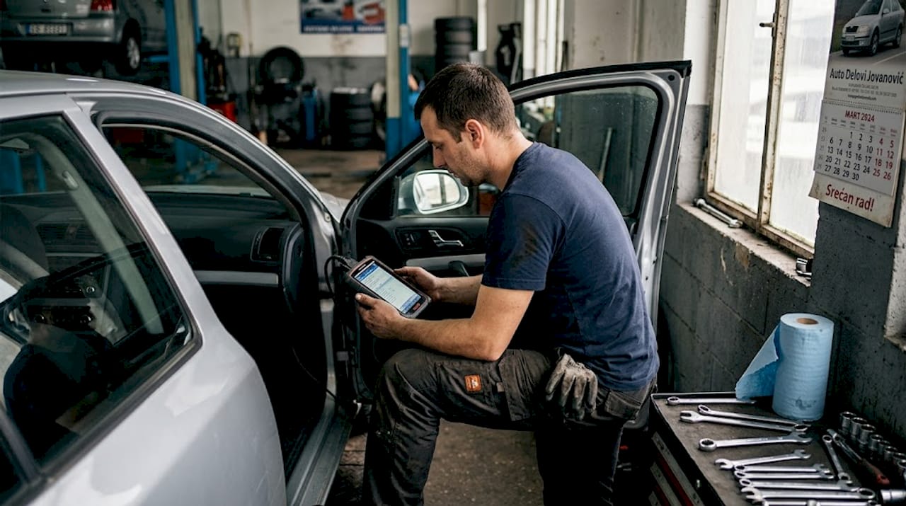 Automehaničar proverava automobil pomoću dijagnostičkog uređaja.