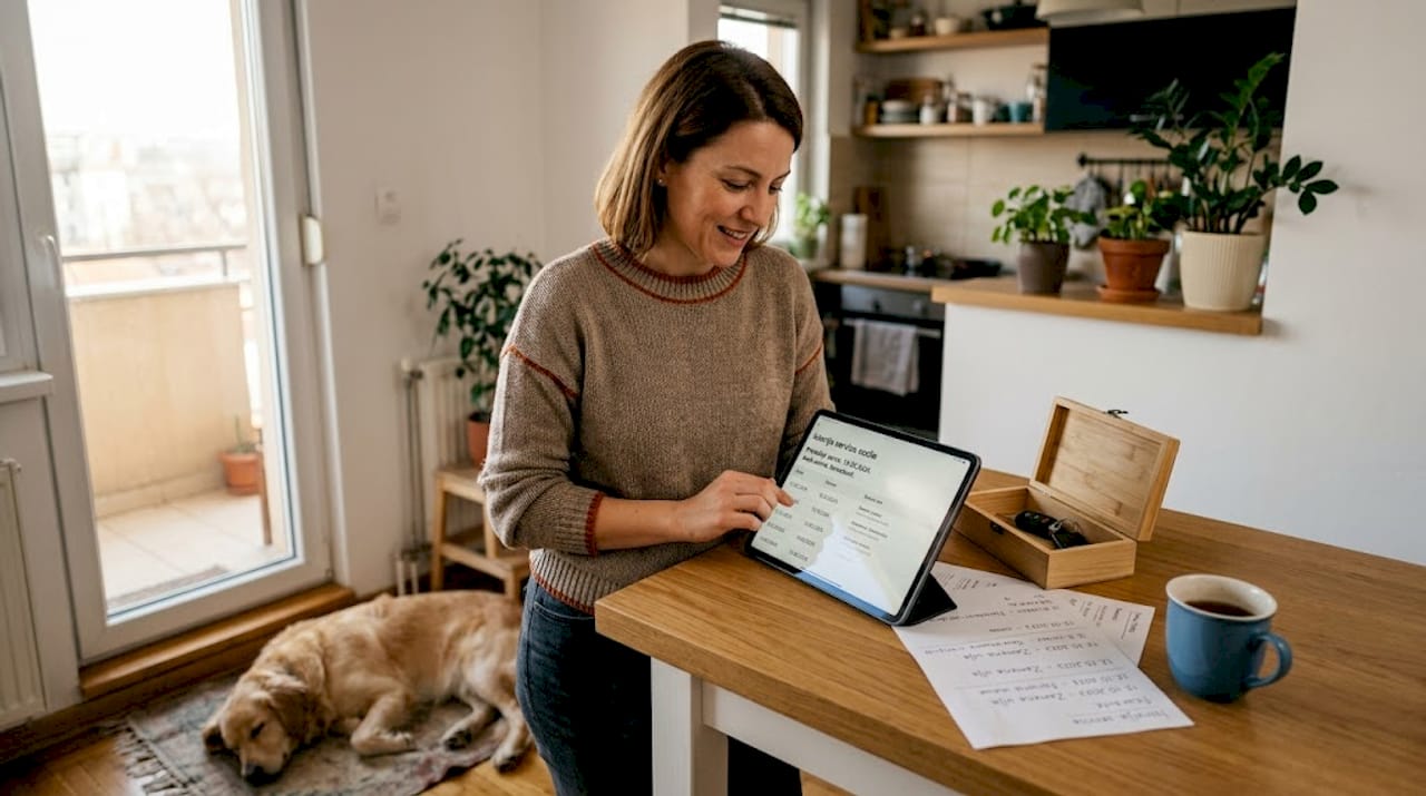 Žena na tabletu pregledava svoju servisnu istoriju vozila.