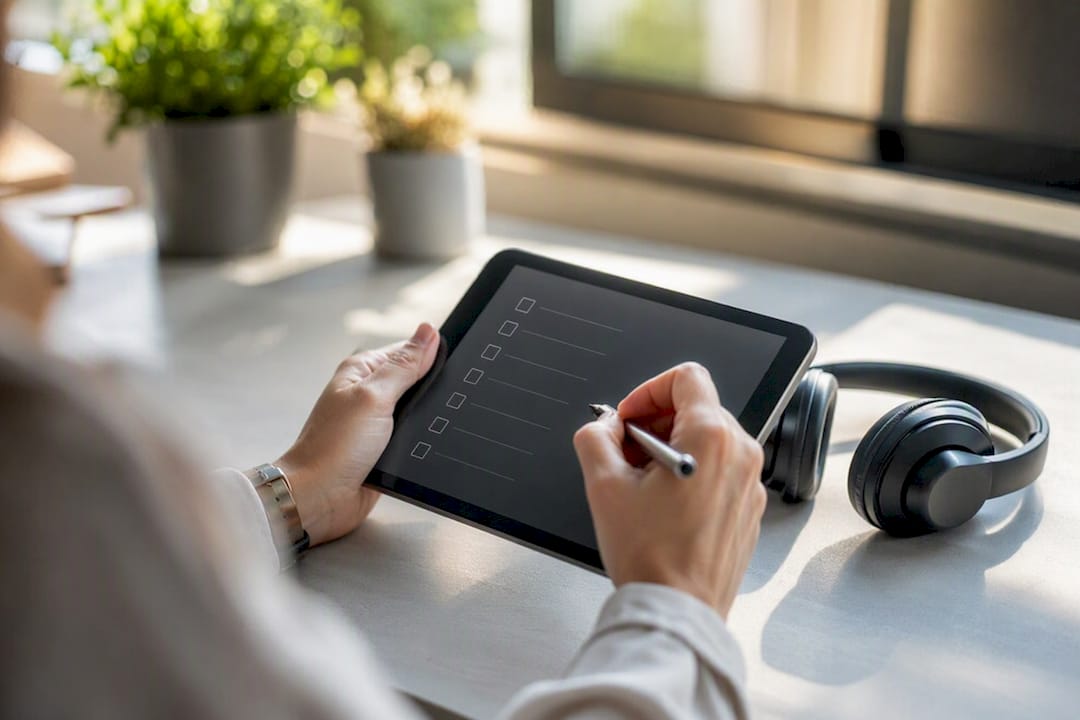 Χέρι που κρατά tablet με λίστα ελέγχου δίπλα σε ακουστικό