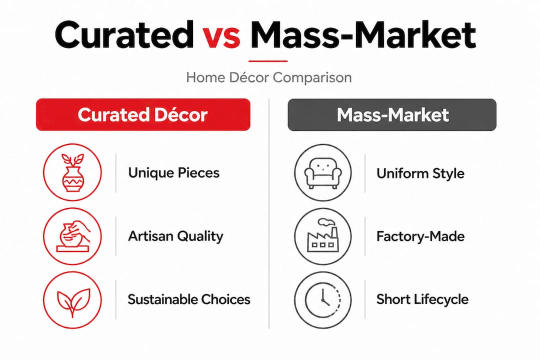 Infographic comparing curated and mass-market home décor