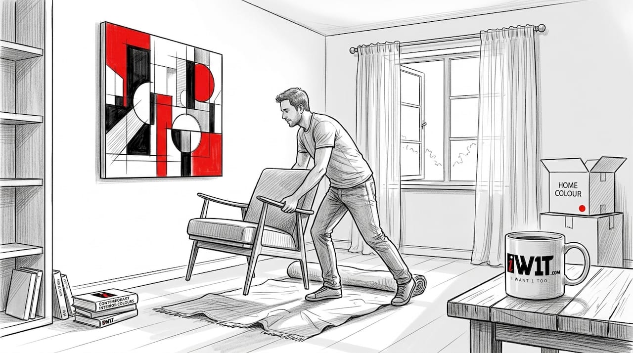 Man rearranging chair toward focal painting