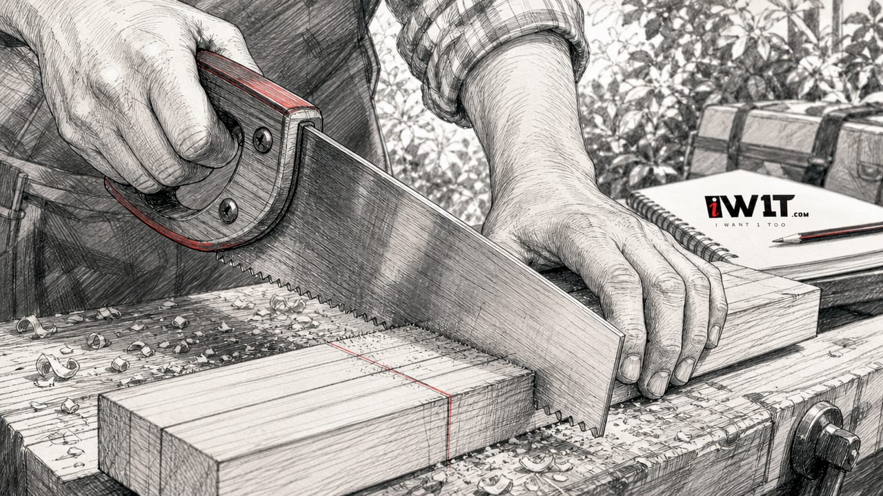 Hands cutting wood with quality handsaw