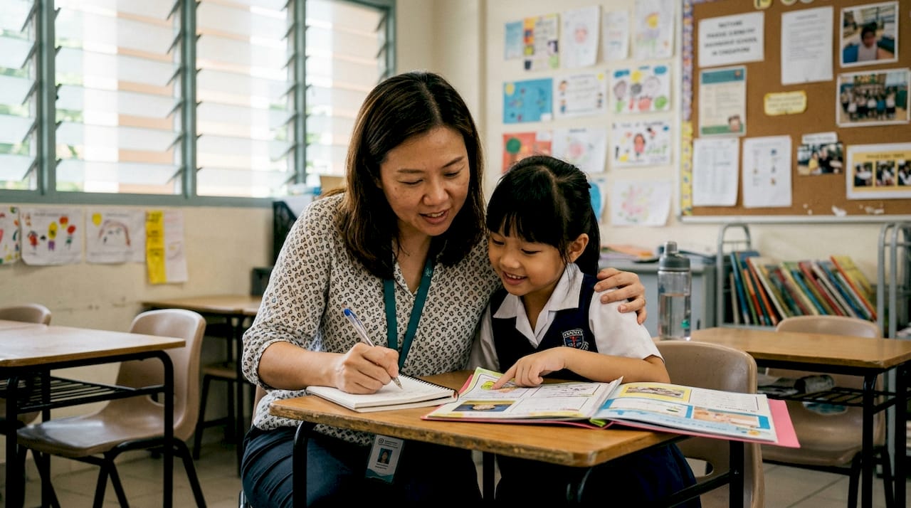 Parent and child discussing schoolwork in Singapore classroom