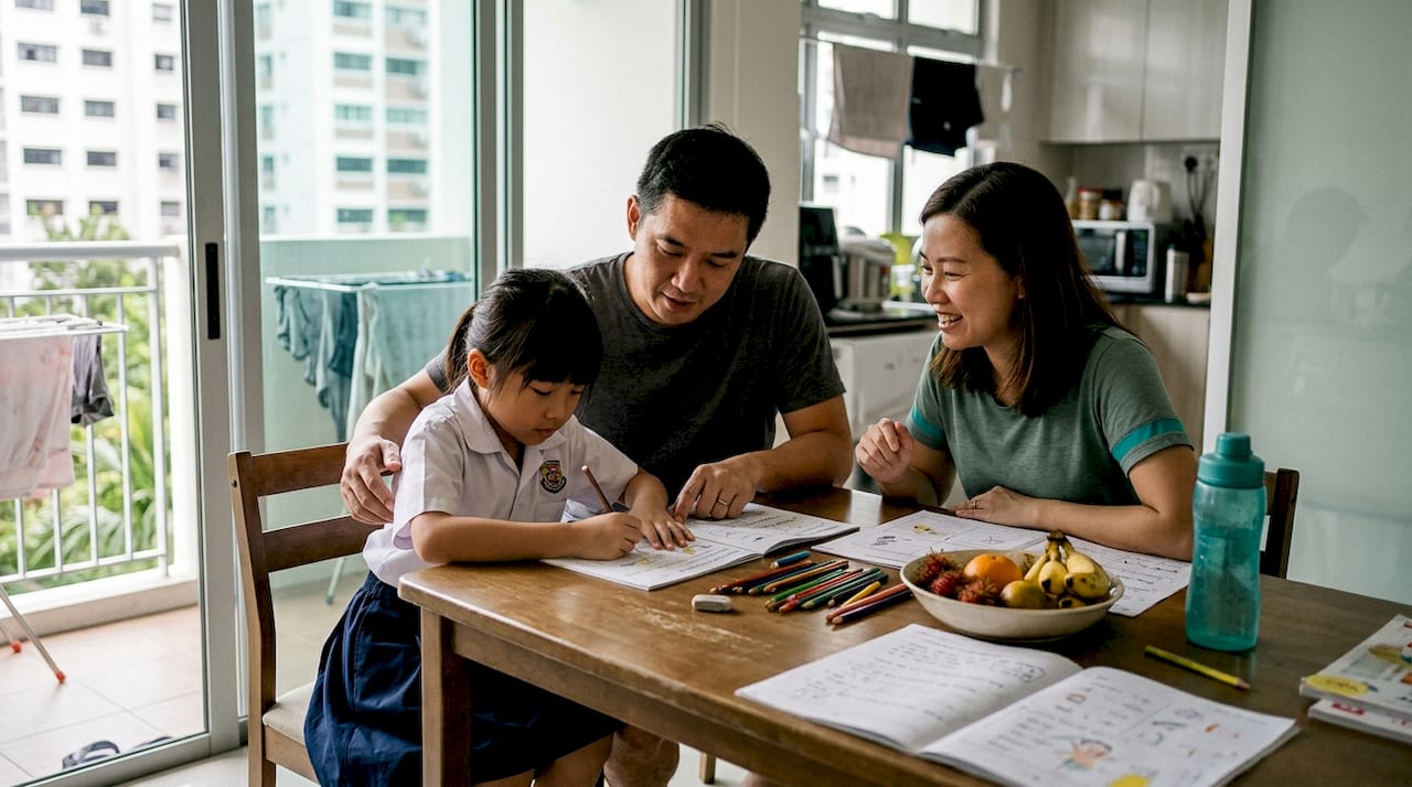 Expat family helping child with homework