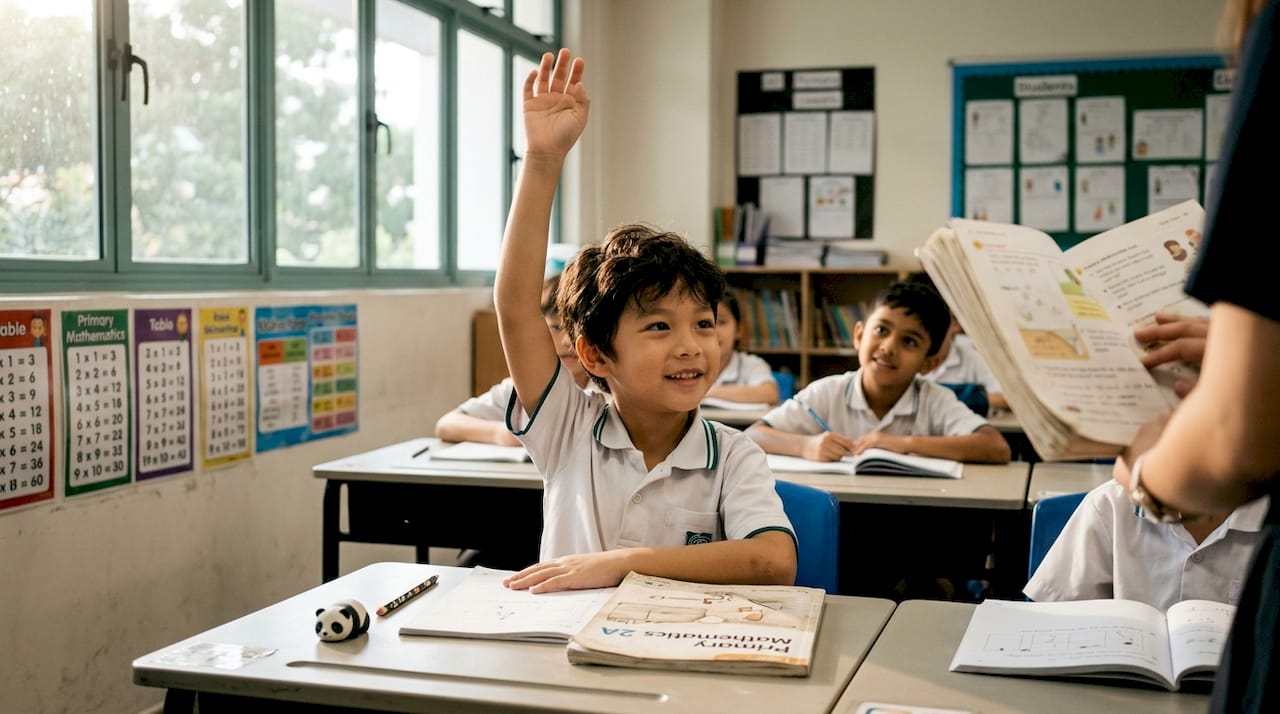 Child raising hand in engaged classroom