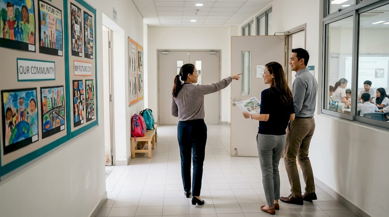 Parents tour international school campus