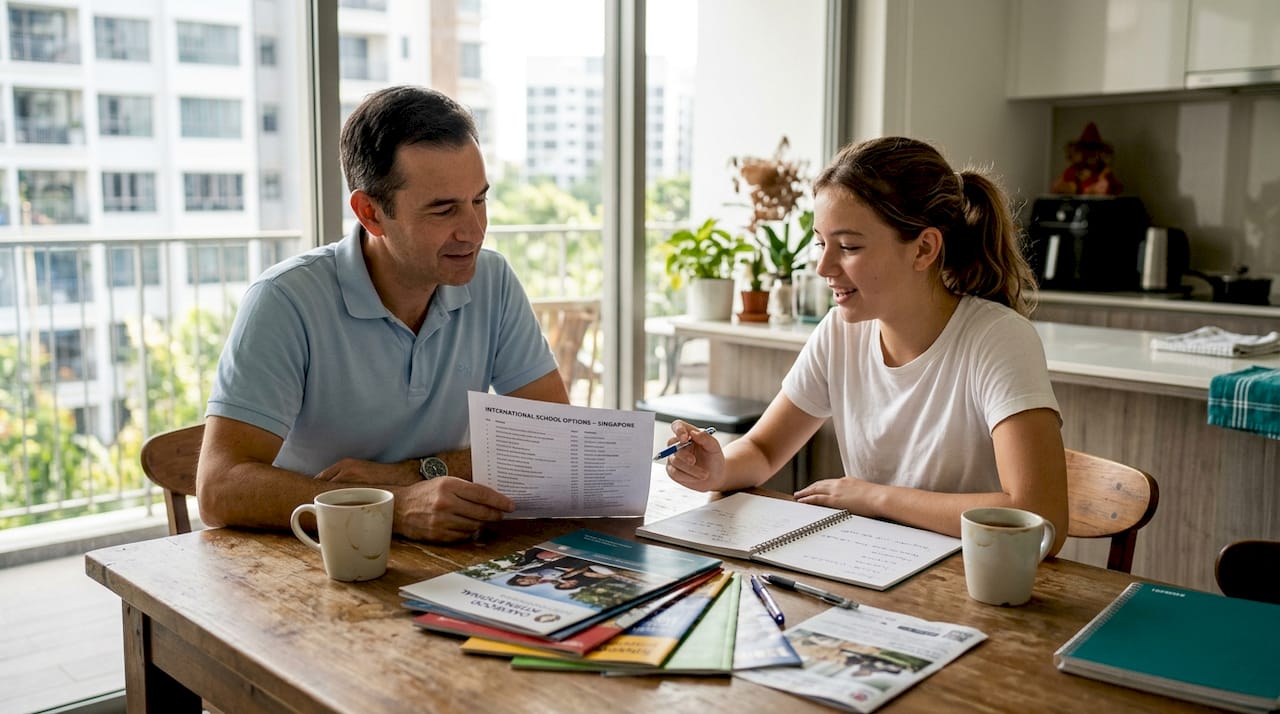 Family reviewing school brochures at home