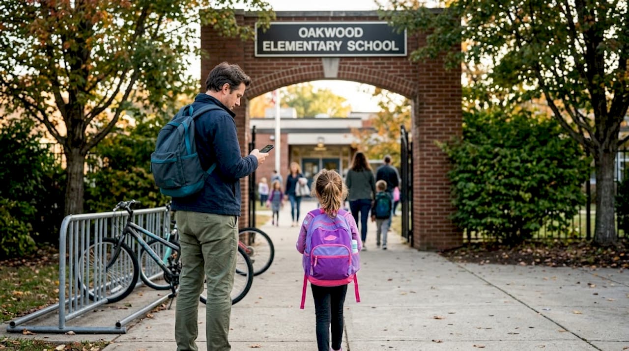 Parent and child entering primary school campus