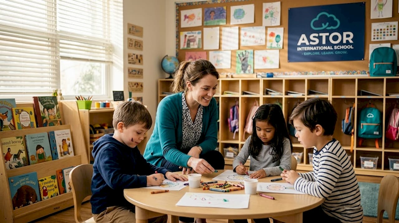 Teacher and young children interact at classroom table