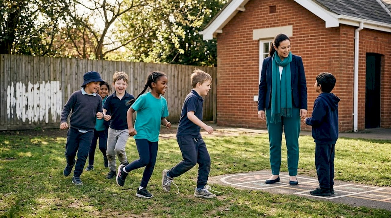 Children and teacher on lively school playground