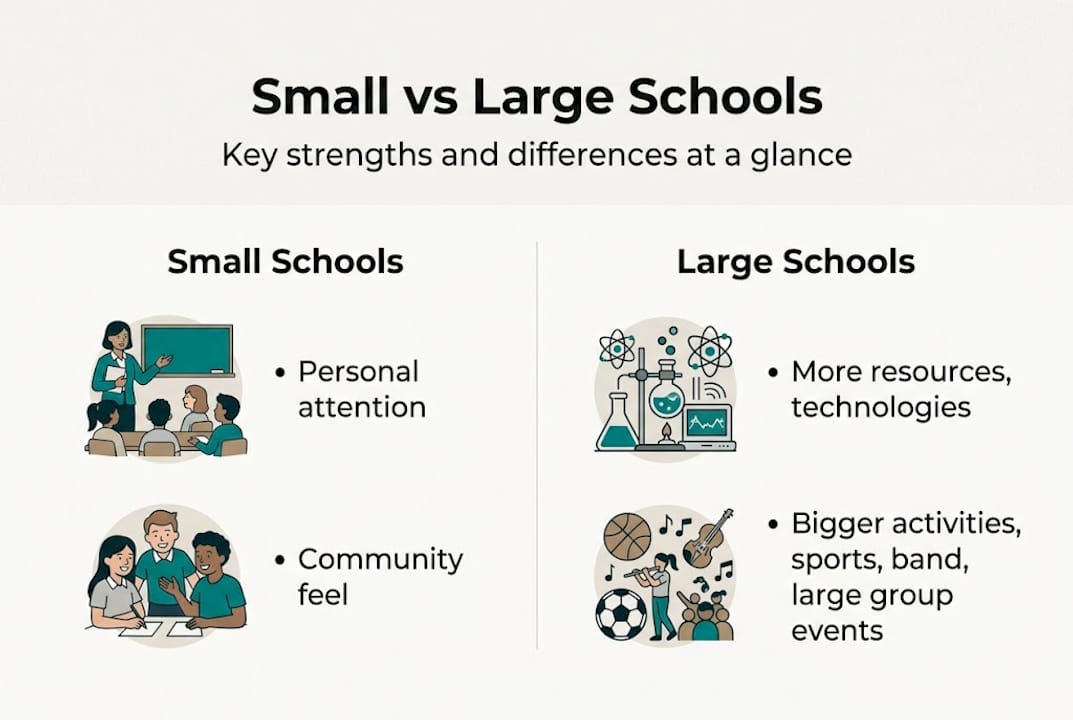 Infographic comparing small and large school benefits