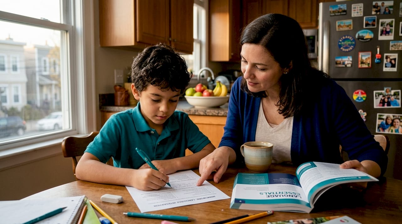 Expat child studies with parent at kitchen table