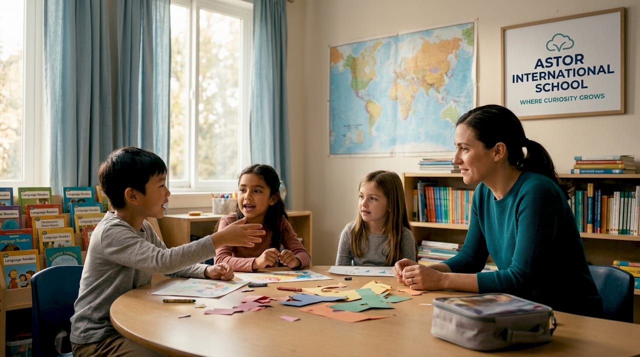 Teacher and students in classroom project discussion