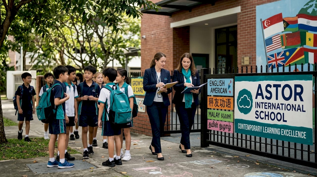Students and teachers outside small international school