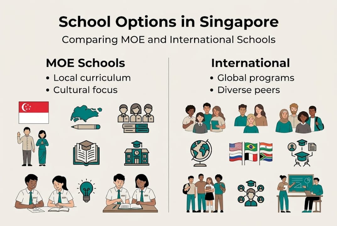Infographic comparing school options in Singapore