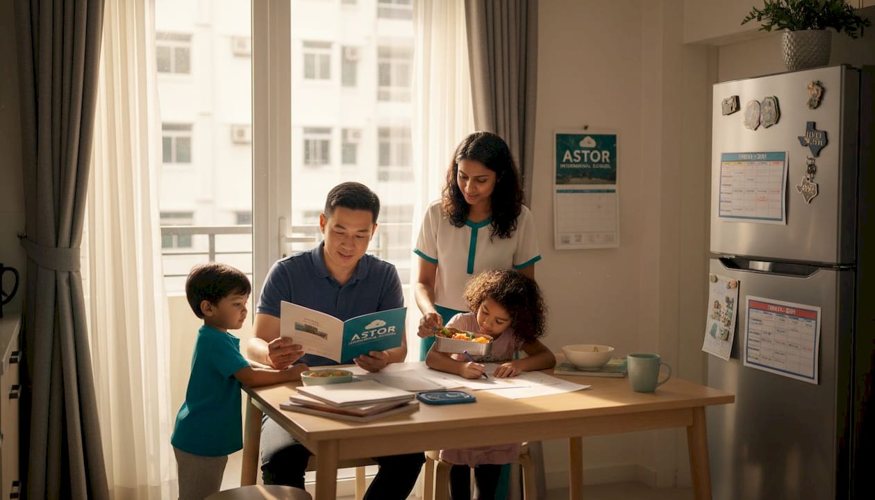 Expat family at home in Singapore kitchen