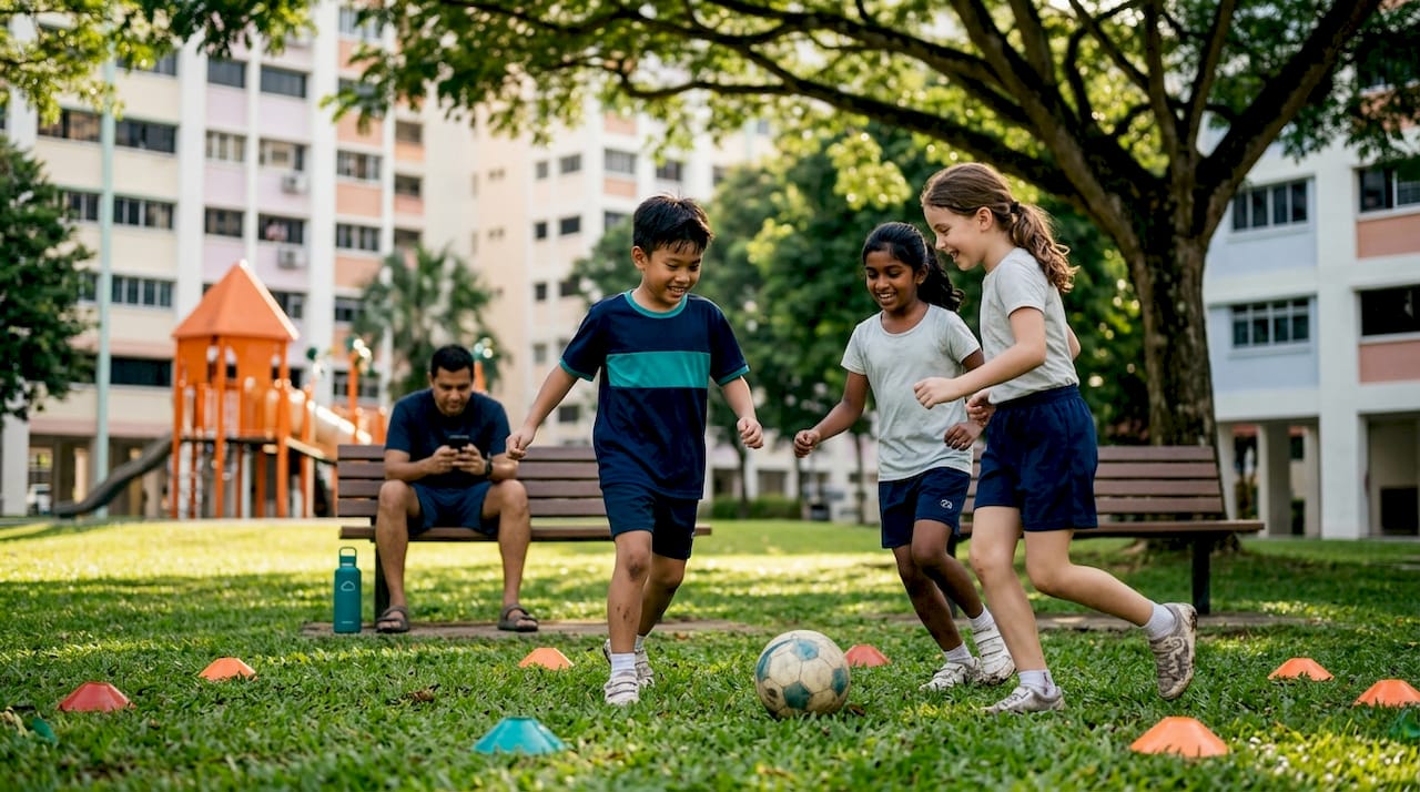 Expat children playing soccer in Singapore park