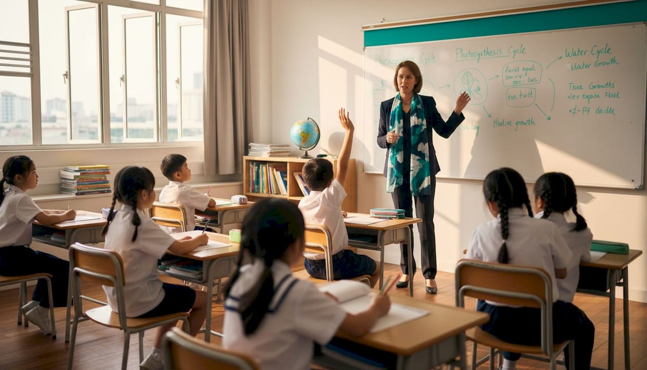 Teacher leads small class in Singapore classroom