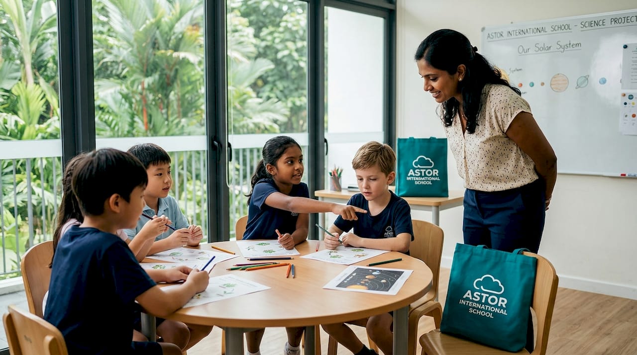 Children and teacher in Singapore school classroom