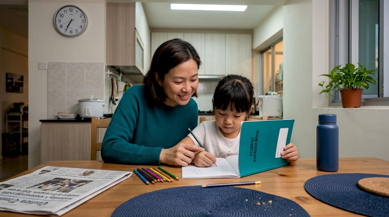 Mother guiding child with homework at kitchen table