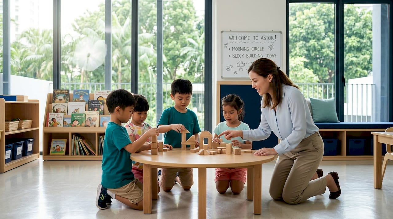 Preschool teacher engaging children in classroom activity