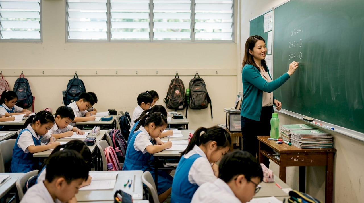 Singapore primary school classroom with teacher and students