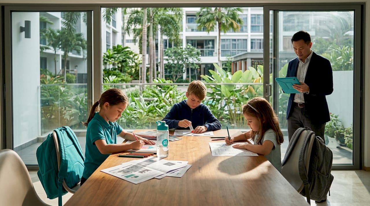 Expat kids doing enrichment activities at home