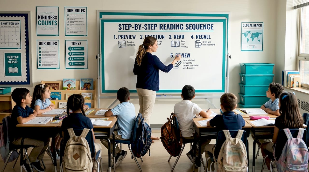 Teacher guiding step-by-step classroom learning