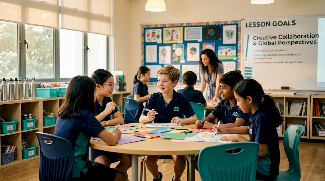 Diverse students collaborating in international classroom