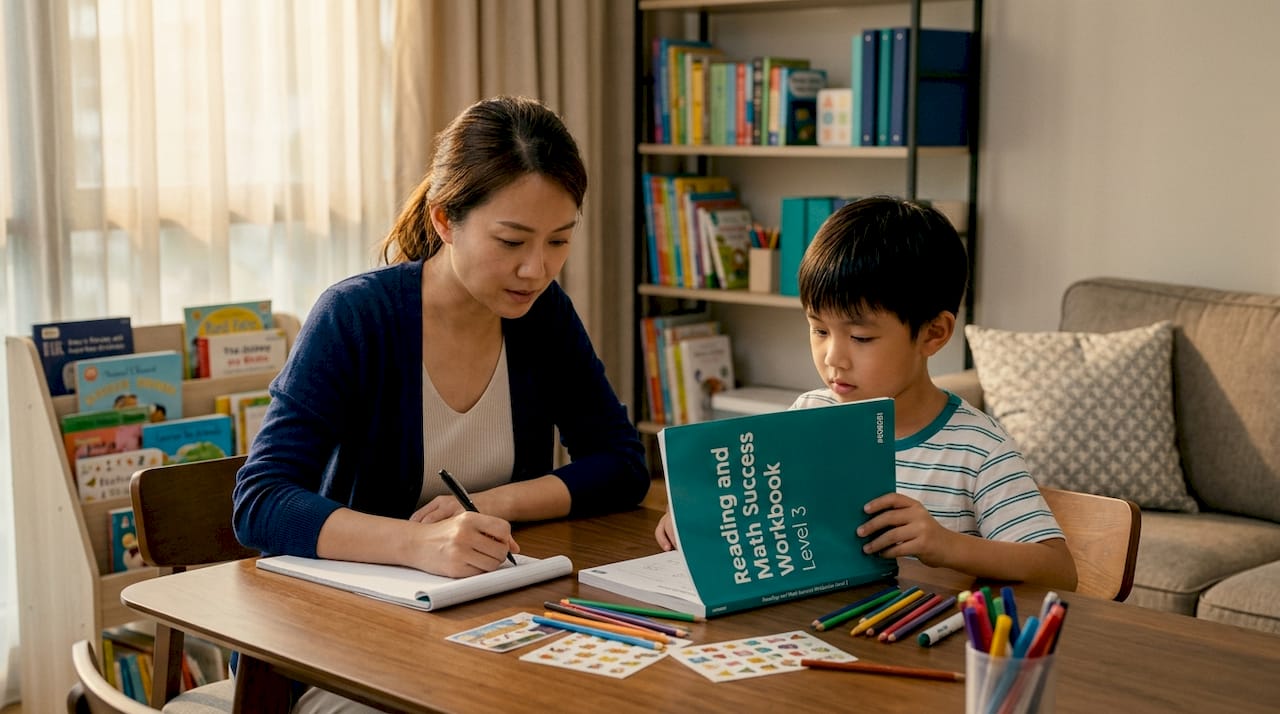 Mother and child learning together at sunny home table