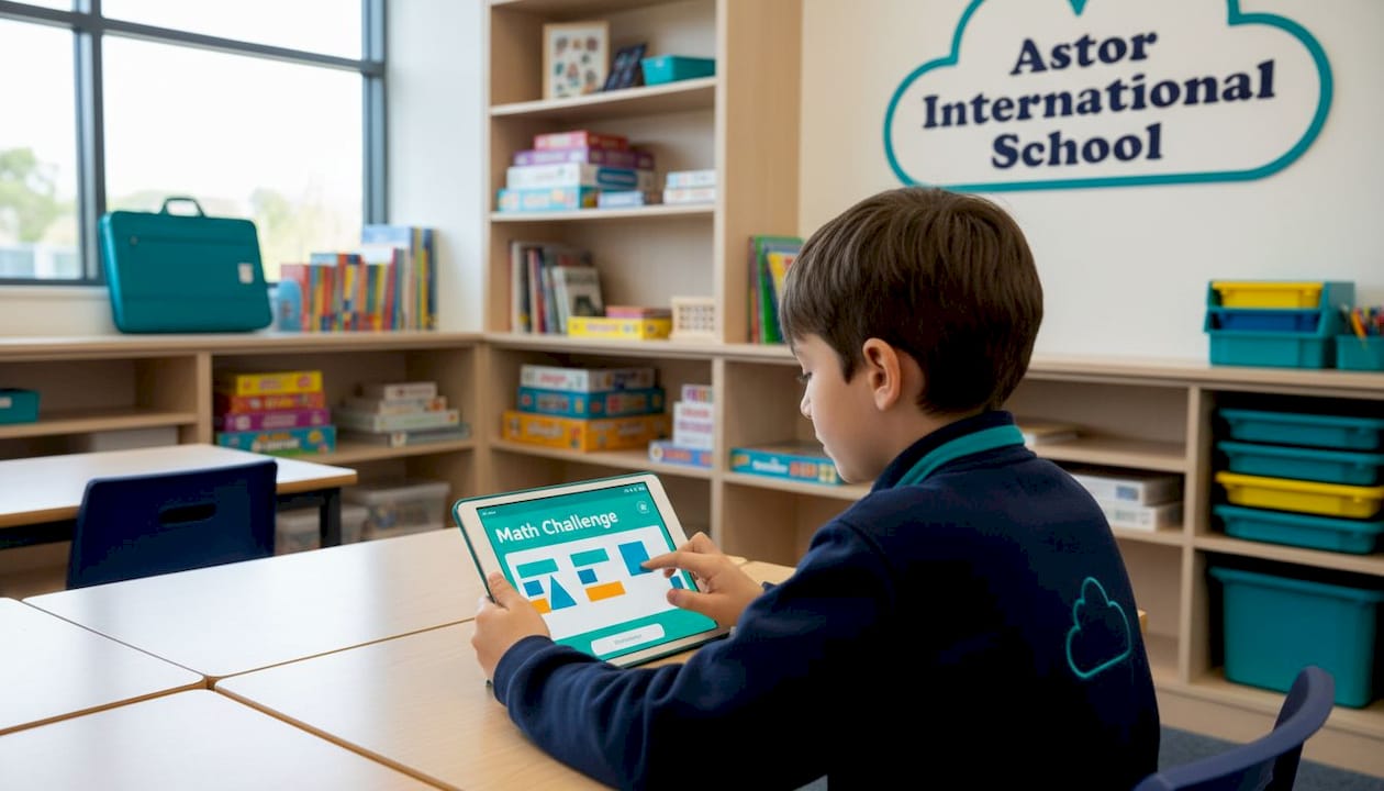 Student using learning app on tablet in classroom