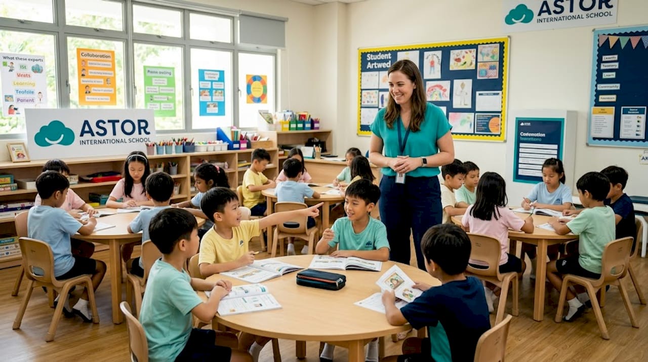 Teacher guiding students in Singapore classroom