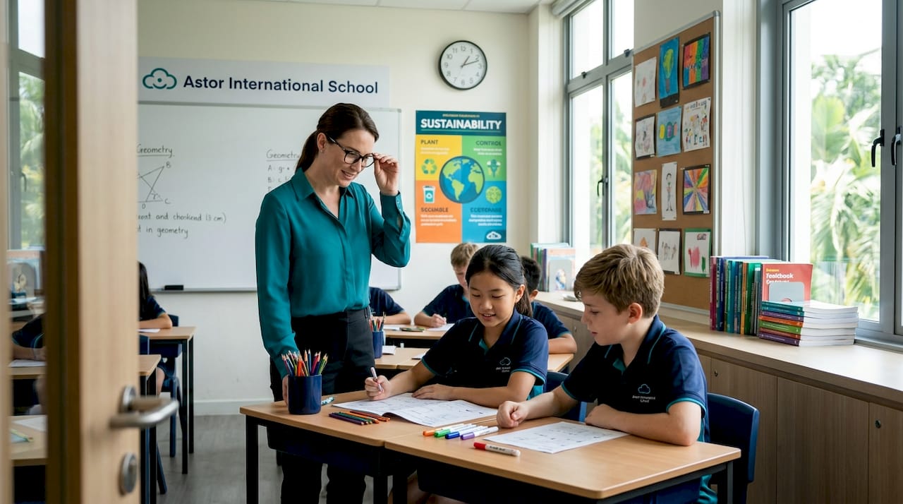 Teacher helping students in Singapore international classroom