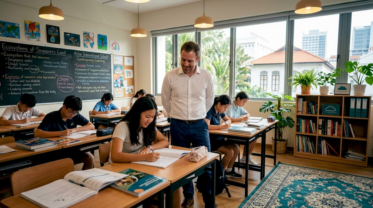 Teacher interacts in small Singapore classroom
