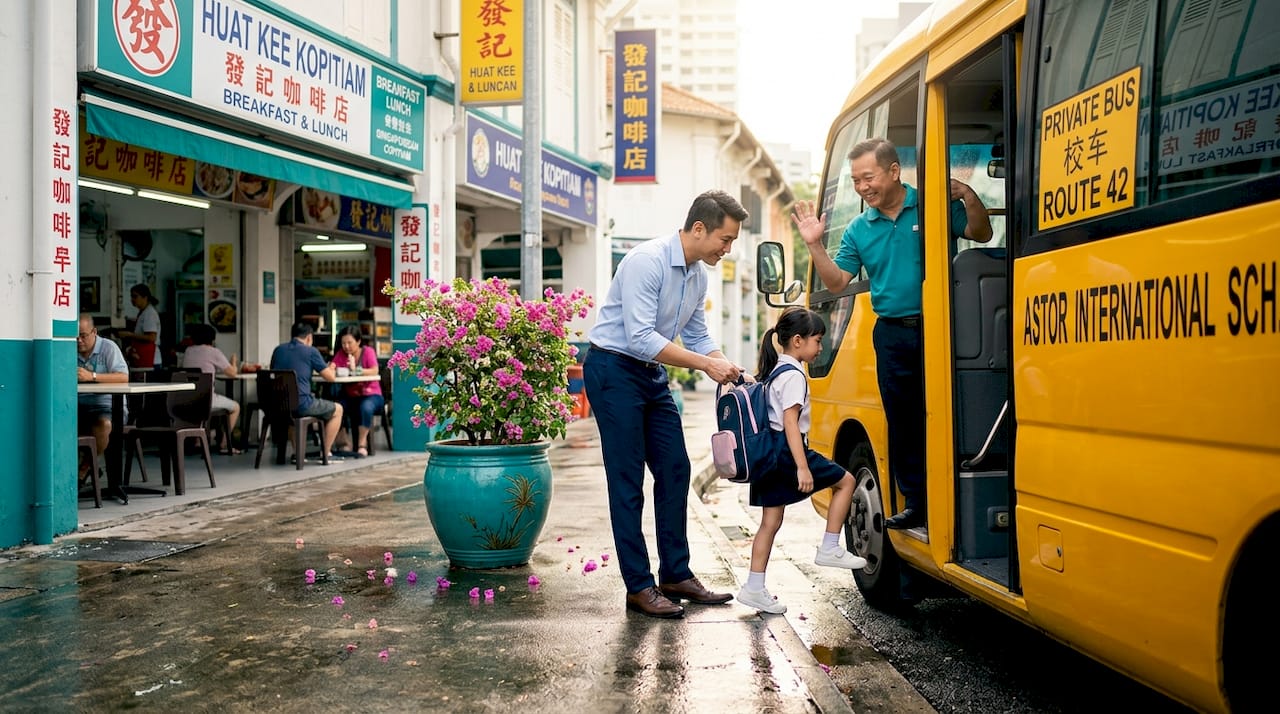 Parent and child at school bus pickup