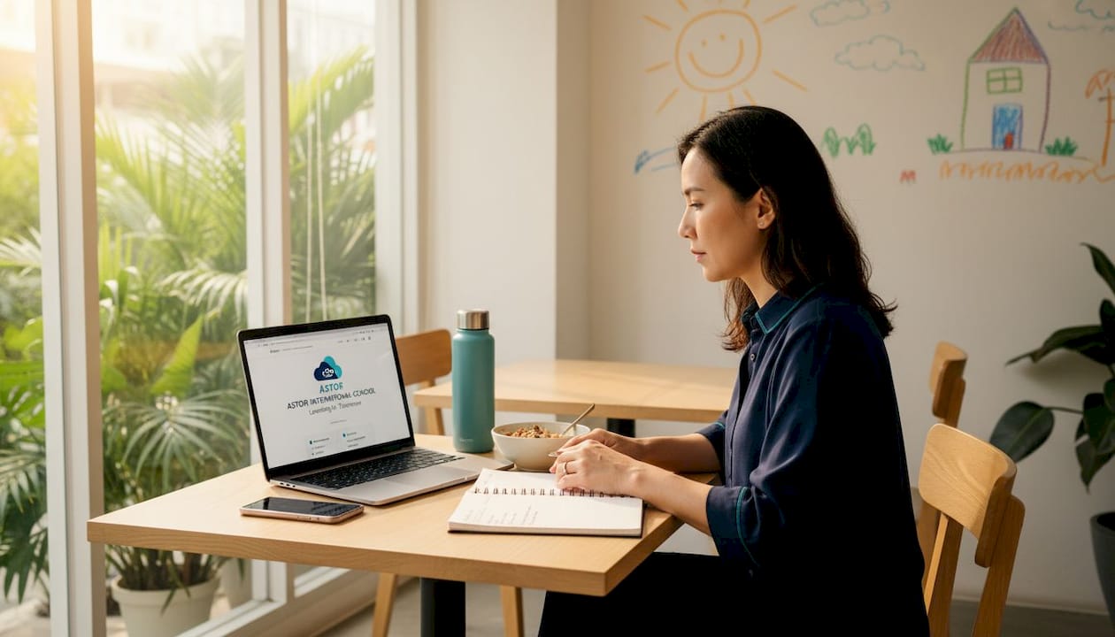 Parent researching international schools at kitchen table